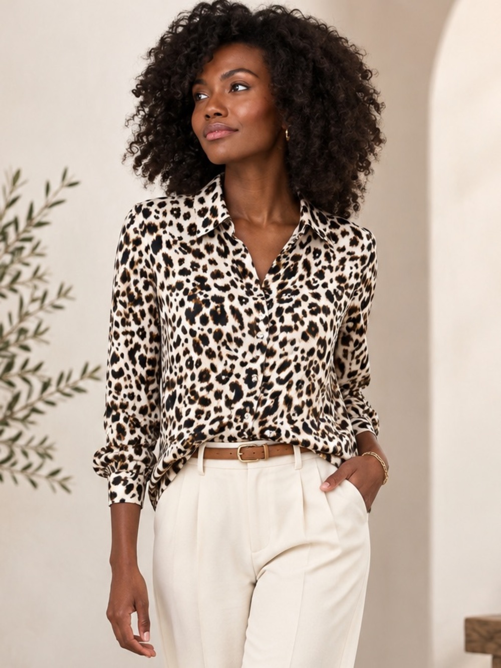 L’Agence Leopard Print Silk Button Down Blouse Size M
